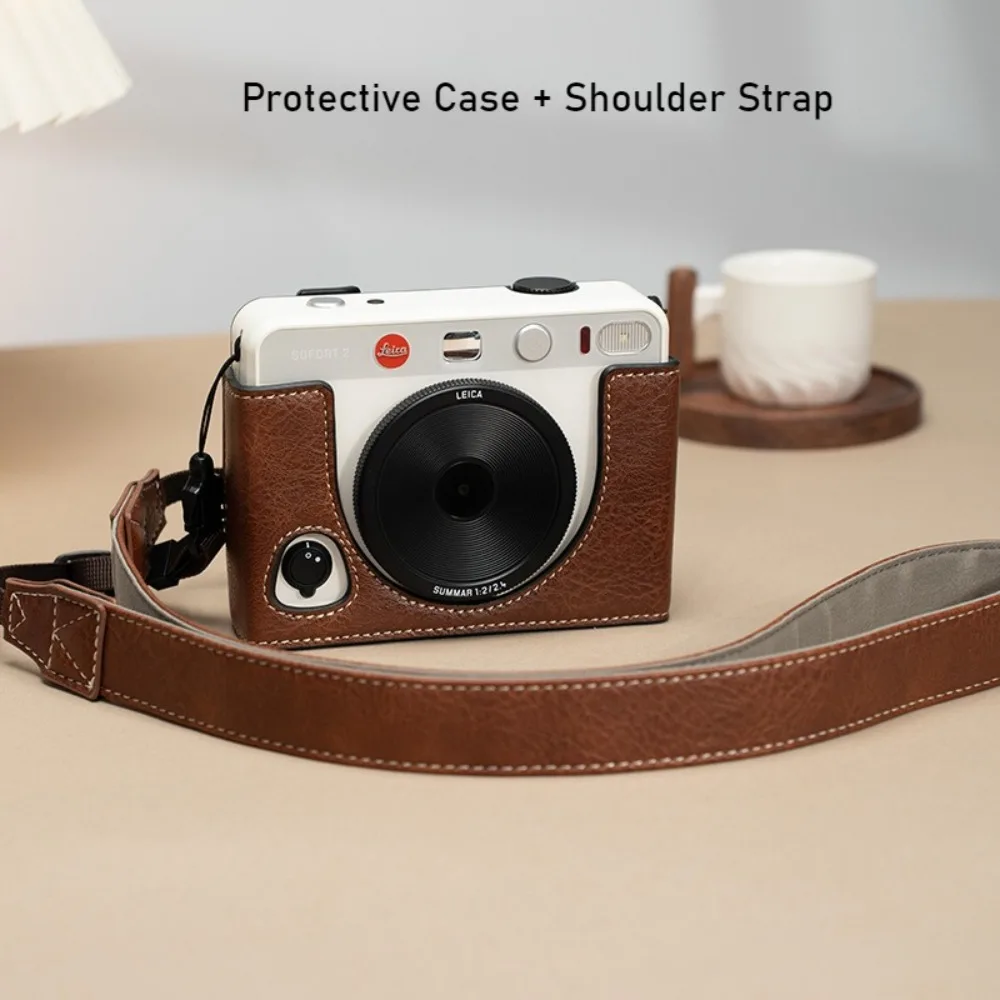 Premium Leather Camera Bag with Shoulder Strap for Leica Sofort 2 - Protective Case Cover with Base Grip Handle