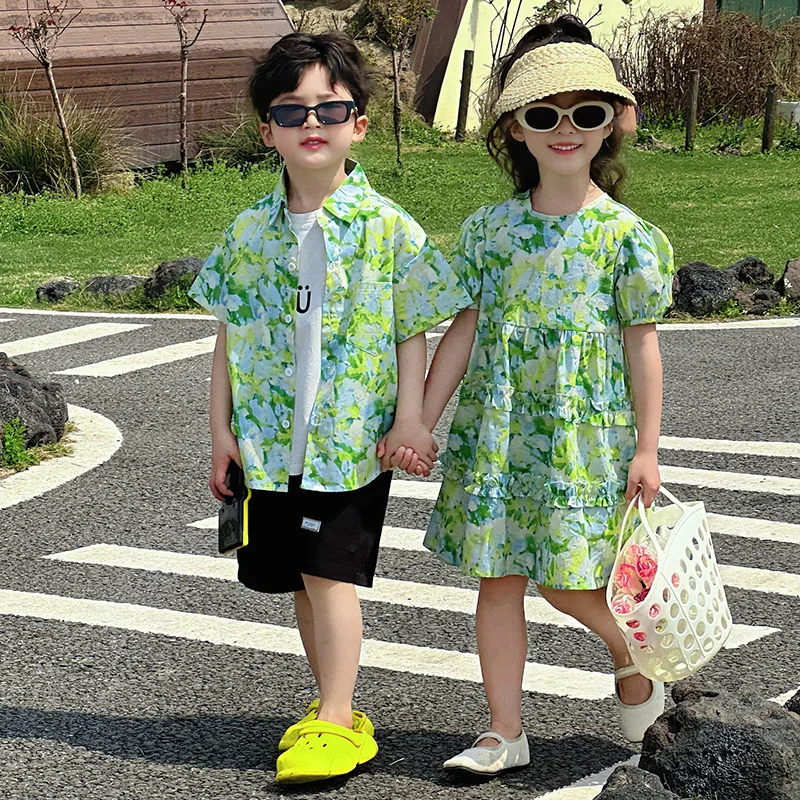 Vacation Summer Kids Brother Sister Clothes Set Muslin Bubble - Main Image