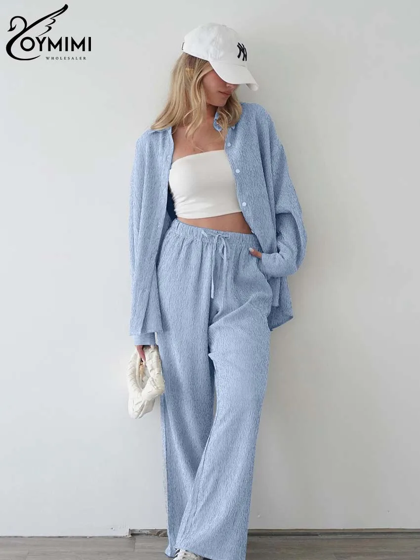 pants pocket ripped hole drawstring capri pants in blue size l m s Oymimi Casual Blue Loose Sets For Women 2 Pieces Elegant Long Sleeve Single Breasted Shirts And Drawstring Trousers Female Sets