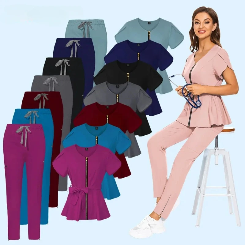 

Plug Size Beautician Tops+pants V Neck Solid Color Women Medical Uniform Short Sleeved Spa Uniform Nurse Clothes Doctor Workwear