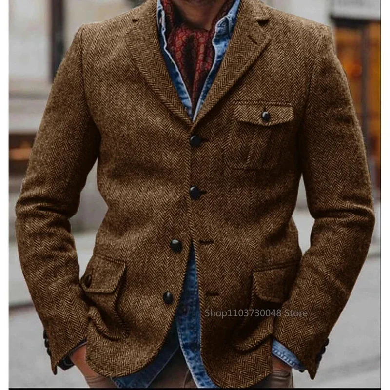 Herringbone Men's Jacket Single Breasted Elegant Casual Slim Stage Suit Jackets Suite for Man New in Suits and Blazers Male Coat 3