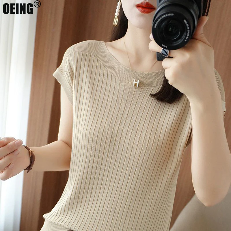 

2023 Summer Solid Color Ice Silk T-shirt Elegant All-match Women's Clothing Korean Simplicity Loose Short Sleeve Tops Female