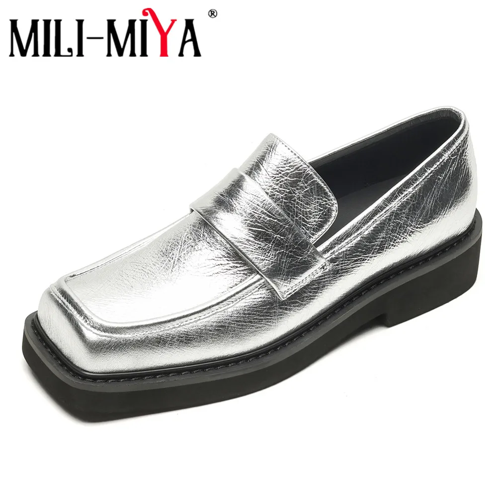 

MILI-MIYA New Arrival Women Full Genuine Leather Pumps Fashion Square Toe Thick Heels Solid Color Slip On Big Size 34-40 Handmad