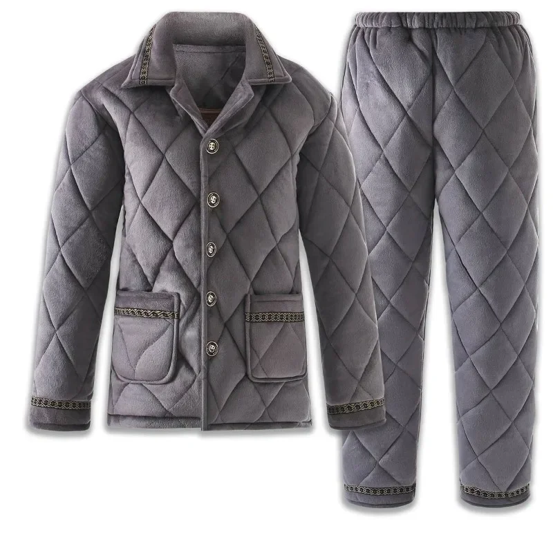 2024 New Winter Pajama Men Plus Velvet Padded Coral Velvet Padded Robe Warm Loungewear Three-layer Plus Fat Pants Homewear Suit