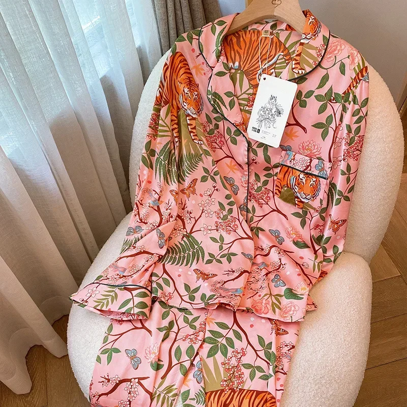 New, 2024 Imitation Silk Pajamas for Women, Pink Long Sleeved Trousers, Two-Piece Sleepwear, Jungle Tiger, Outside, Fashion,