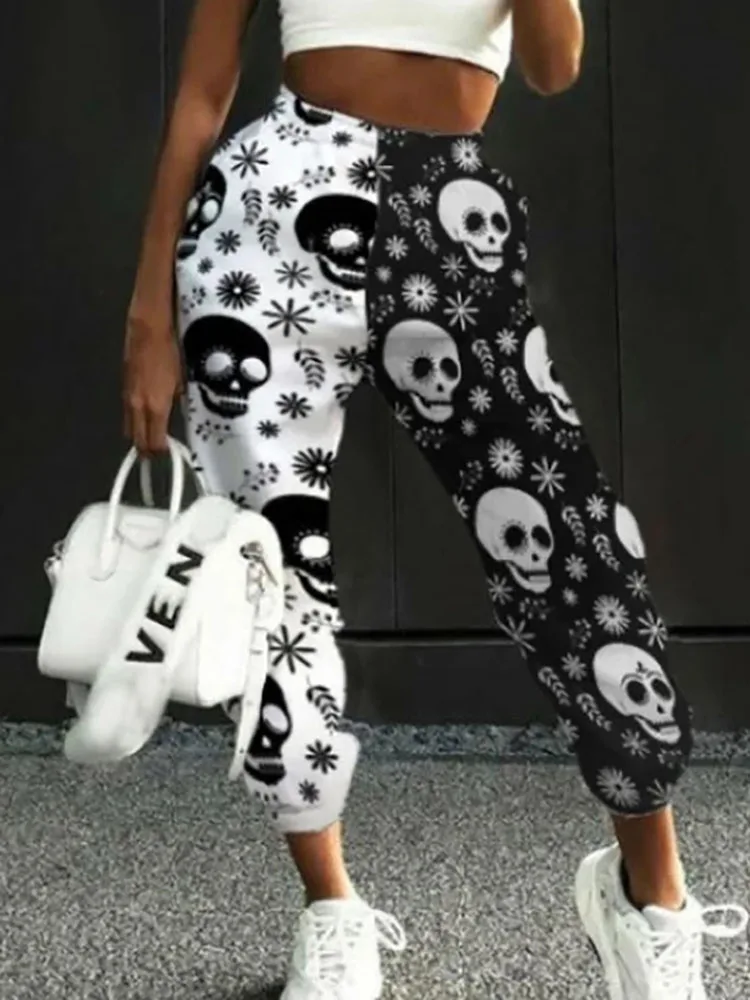Women Casual Skull Print Patchwork Pants Spring Autumn Elastic Waist Pocket Loose Pencil Pants Female Streetwear Warm Sweatpants