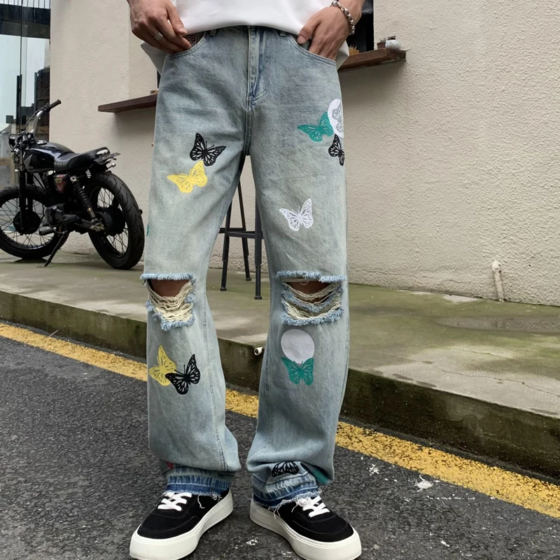 Vintage washed street personality butterfly print broken holes fashion tide men loose straight men's jeans blue men's trousers
