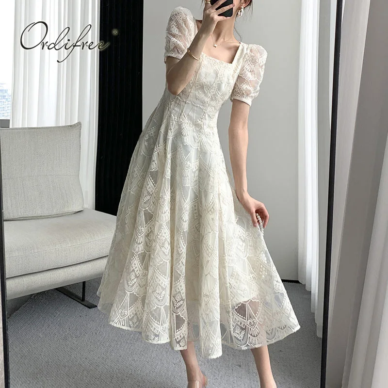 

Ordifree 2022 Summer Elegant Women Long Party Dress Embroidery Birthday Tulle Maxi Lace Evening Dress