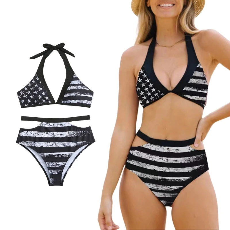 

2024 New 2 Pieces Flag-Printed Bathing Suits for Women Girl Halter Bikinis Set Female Sexy High Cut Swimwear Swimsuits