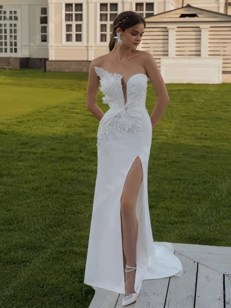 Celebrity Satin Mermaid Women Bridal Gowns Formal Lace Floral Print Wedding Dresses Mopping Length Vestido De Novia Customized 4