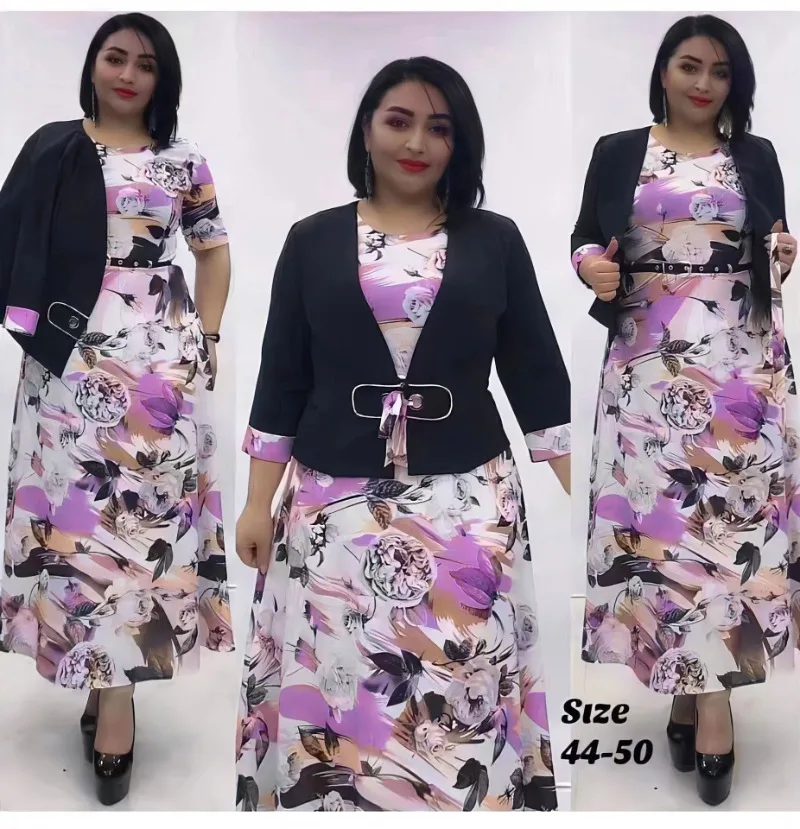 

Dashiki African Plus Size Dresses for Women Autumn Elegant African Short Sleeve Print Long Dress Maxi Dress With Coat 2XL-6XL