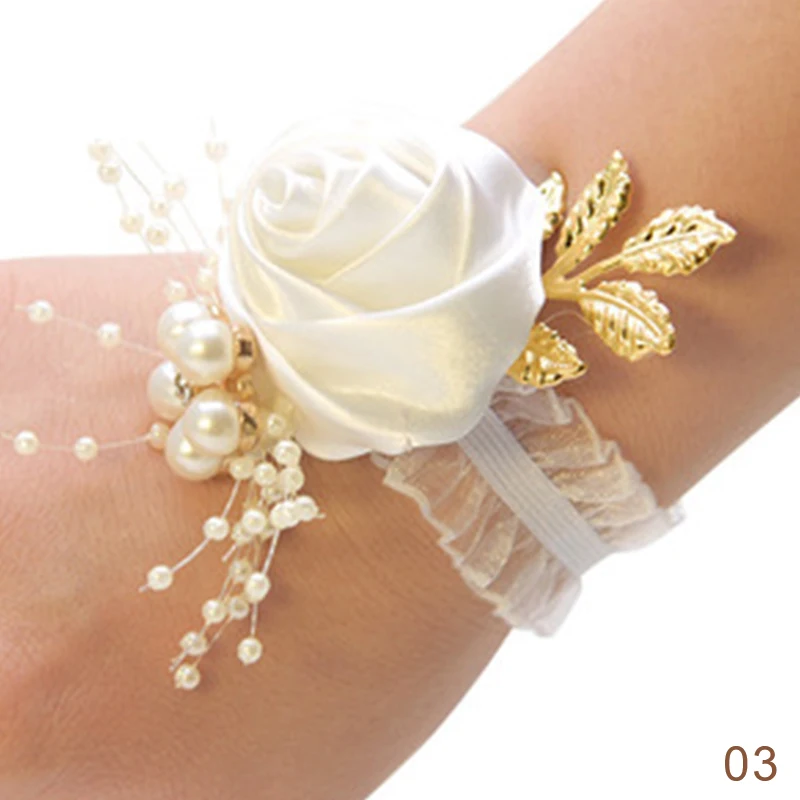 Bridesmaid Faux Rose Bracelet Wedding Wrist Polyester Ribbon Pearl Bow Bridal Gifts Hand Flowers Party Accessories wholesale