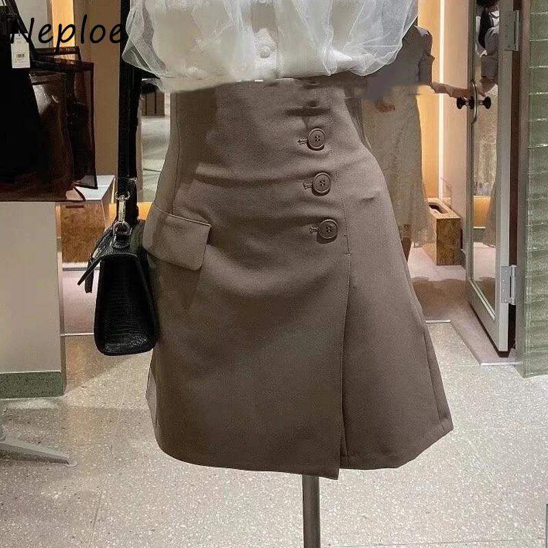 Neploe 2023 Summer New Style Jupes High Waist Button Slit Denim A-line Mini Skirts Slim Culottes Japanese Fashion Mujer Faldas