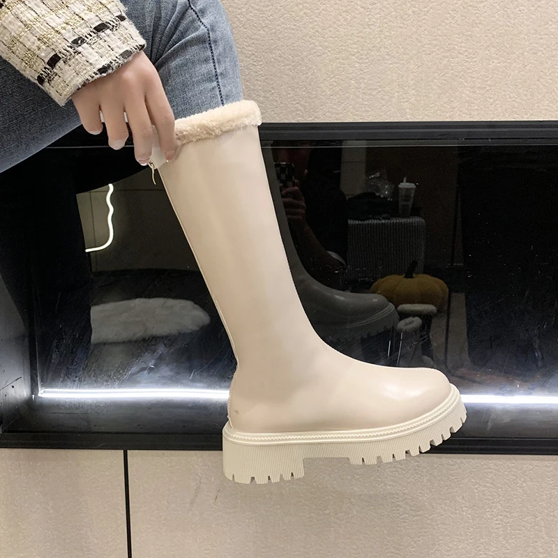 Women Thigh High Boots Women Casual Plush Knee Boots Brand Designer Zip Ladies Leather Long Boots White Mujer Shoes Big Size 42