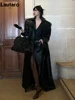 Lautaro Spring Autumn Extra Long Black Pu Leather Trench Coat for Women with Back High Slit Luxury Chic European Fashion 2024 5