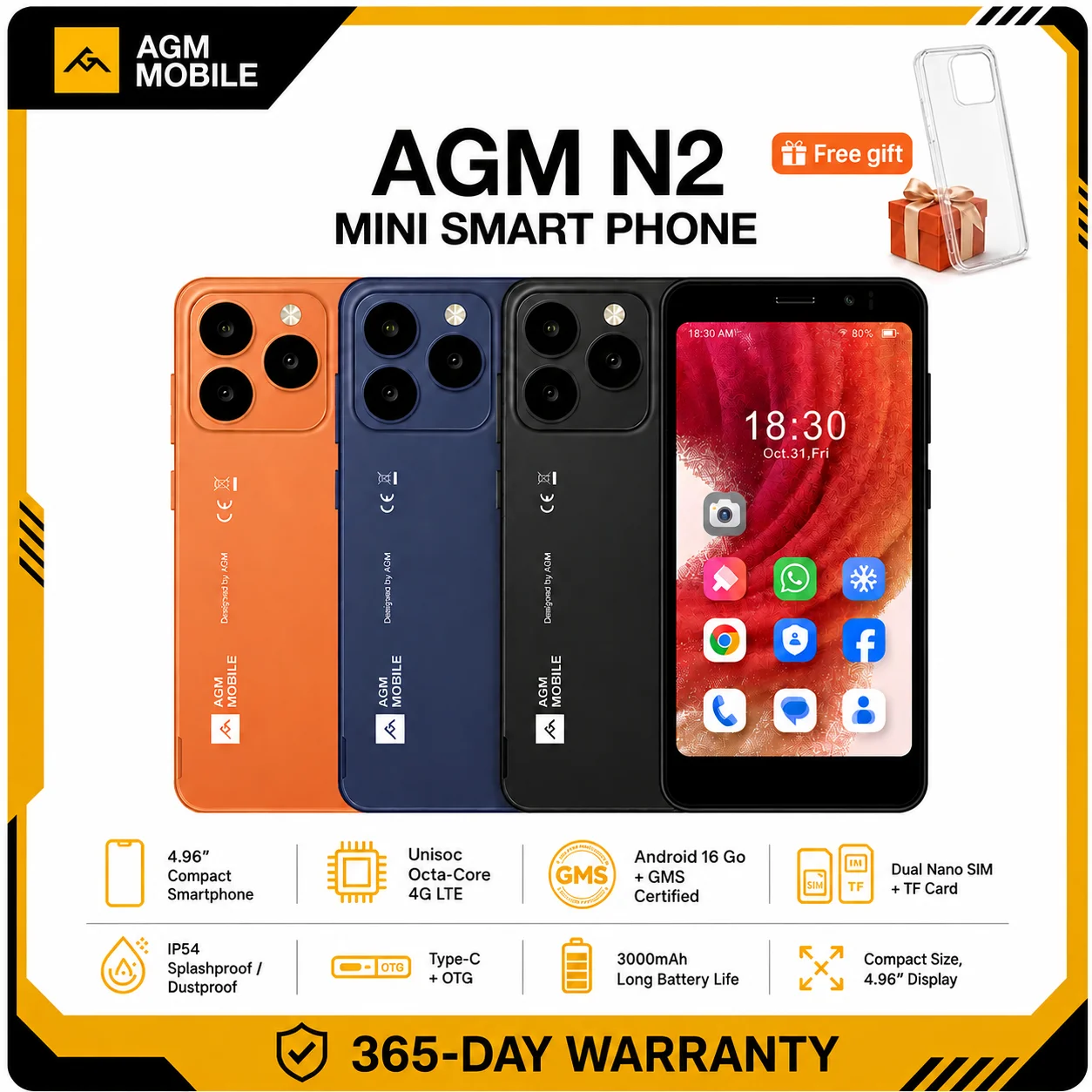 AGM N2 Mini Smartphone Compact Size 4.96 inch Display 3GB 32GB 3000mAh Removable Battery Android 16 GO System Lightweight Phone