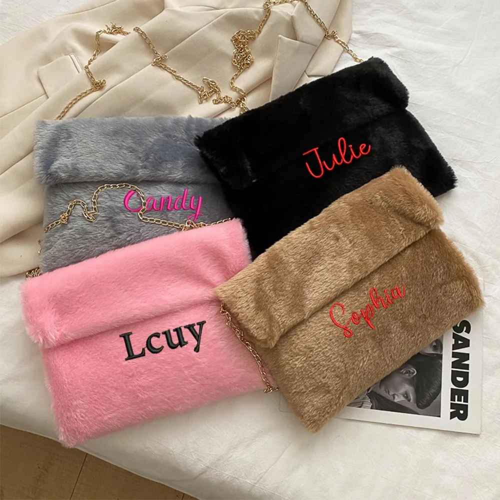 

New Winter Plush Bag Custom Fashion Chain Texture Plush Shoulder Bag Personalized Embroidered Name Messenger Bag Ladies Handbag