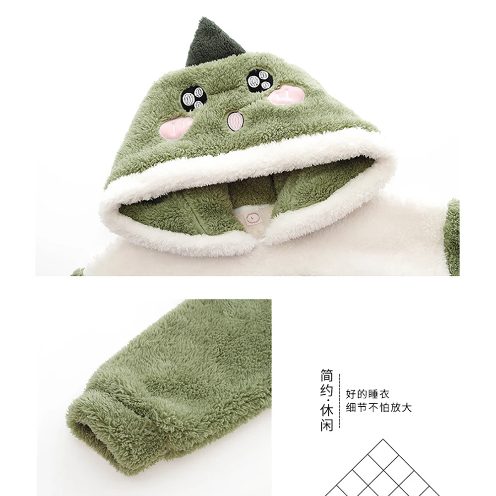 Thicken Flannel Hooded Warm Pajamas for Couples Cute Cartoon Dinosaur Women's Pajamas Set Men's Winter Sleepwear for Sleeping