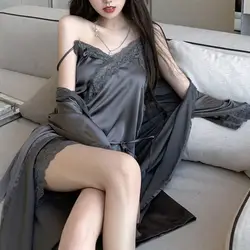 Silk Nightgown Lace Ice Sense Aut Thin Sexy Satin Sling Nightgown Two-piece Robe Set Sleepwear Women Pyjama Sleep Tops Robe Sets