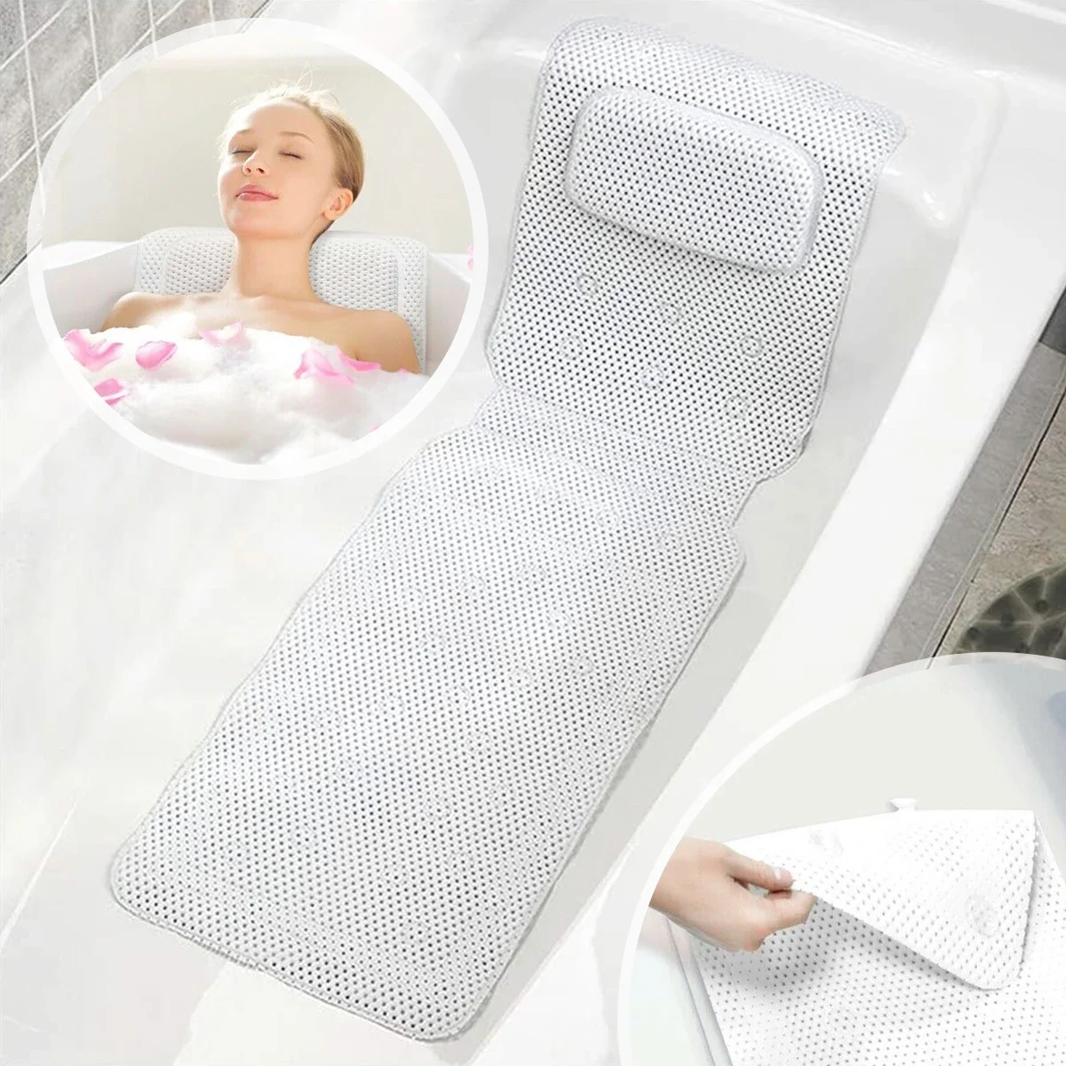 Bath Pillow Breathable Bath Pillow Non-Slip 3D Mesh Bathtub Spa Head Rest With Suction Cup Support Neck Back Full Body Rest Bathroom Supply