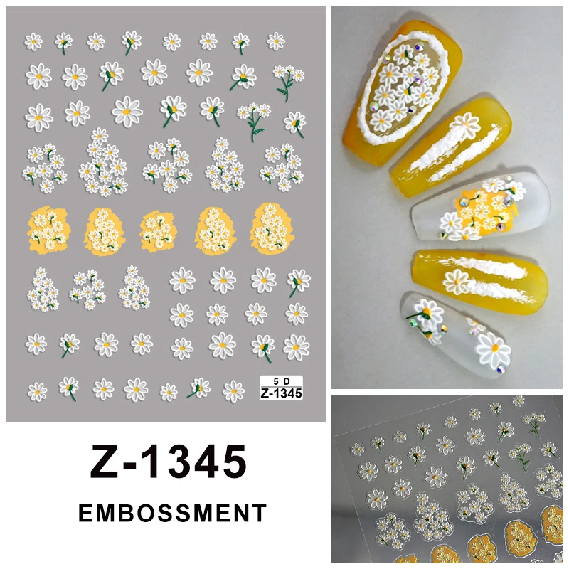 5D weiße Gänseblümchen Blumen Nagelaufkleber Frühling einfache Lilienblume selbstklebende geprägte Abziehbilder Nägel Kunst DIY Maniküre Dekorationen – Detail 10