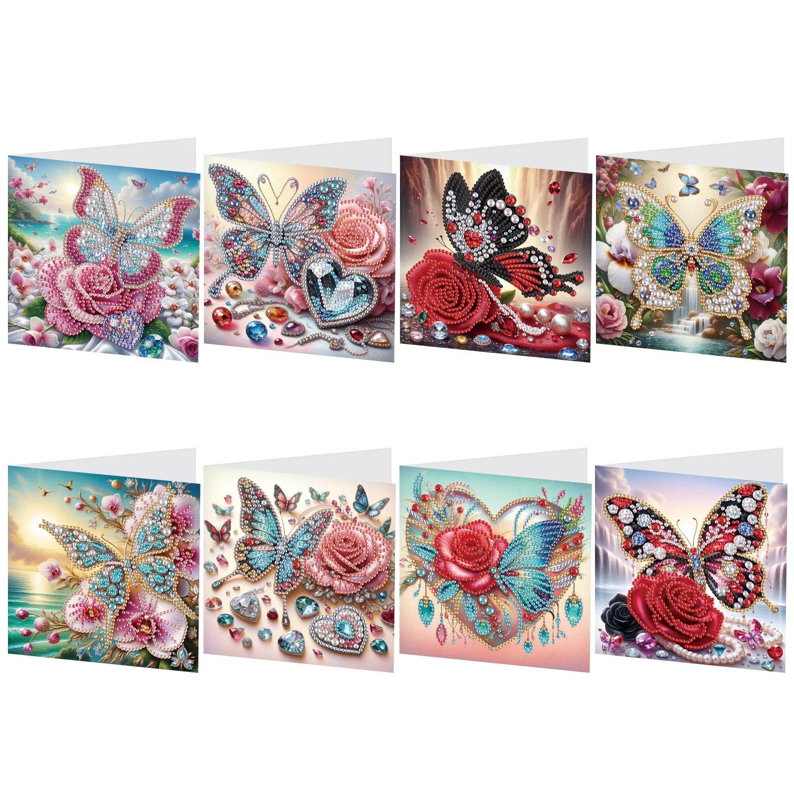 Flower Butterfly Diamond Art Painting Greeting Card 5D DIY Special Shape 8pcs Christmas Birthday