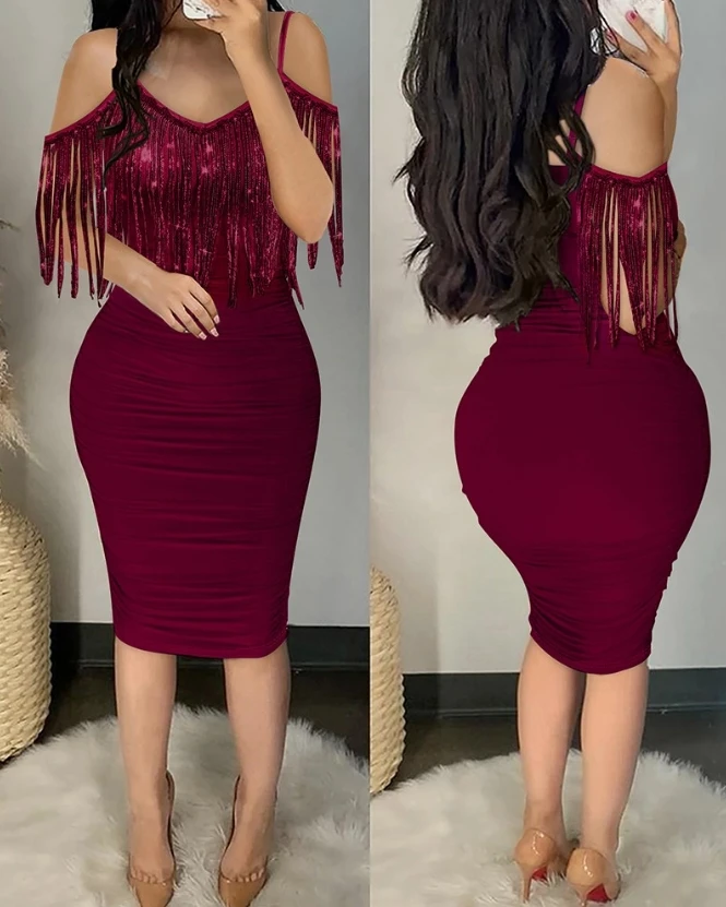 

Elegant and Pretty Women's Dresses 2023 Autumn New Fashion Sexy Strap V-Neck Tight Sequin Fringe Hem Cold Shoulder Party Dress