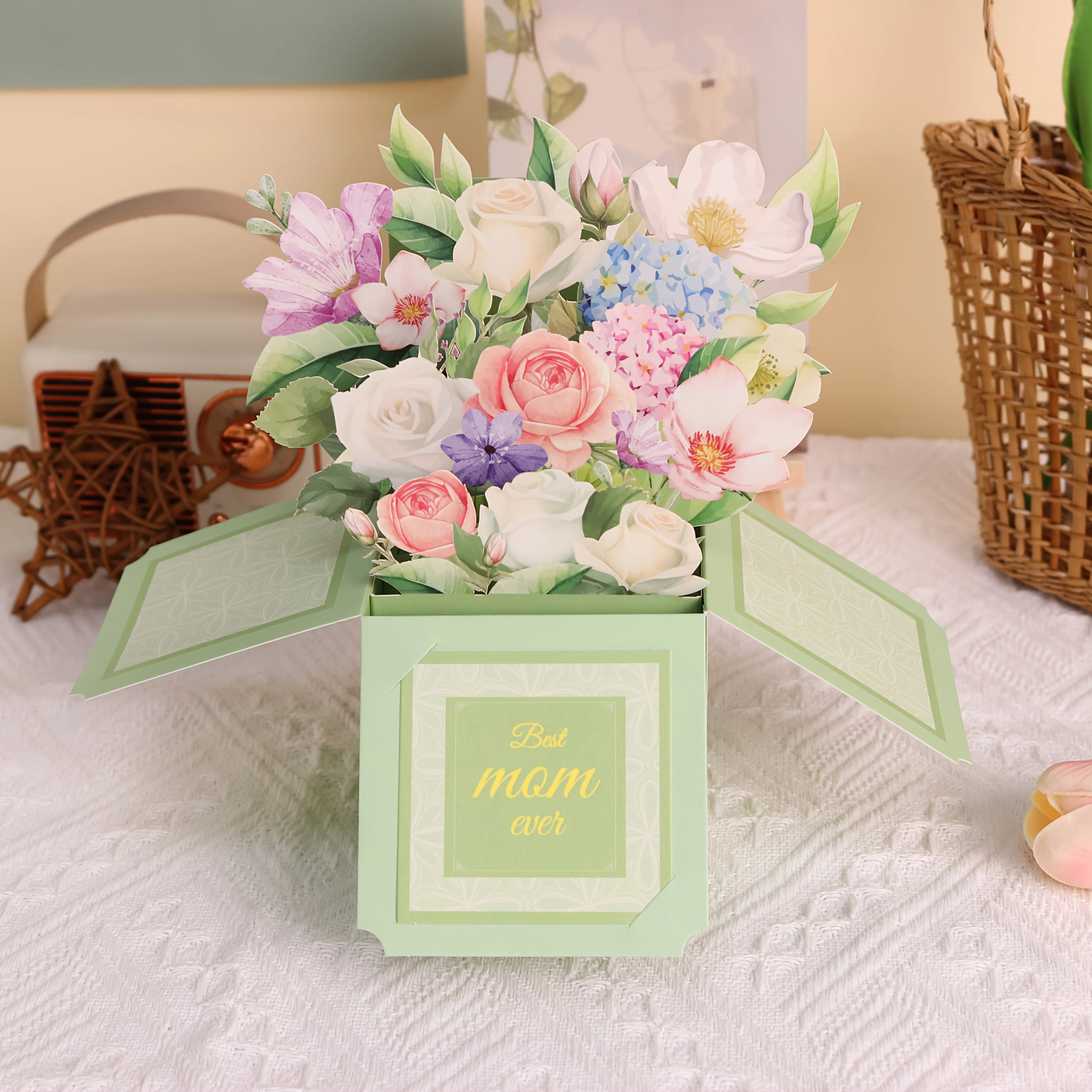 1pc 3D Comfort Flower Box for Mom,Floral Greeting Card, 3D Pop-up Box, Soothing Gift, Mom's Care gift with Envelope