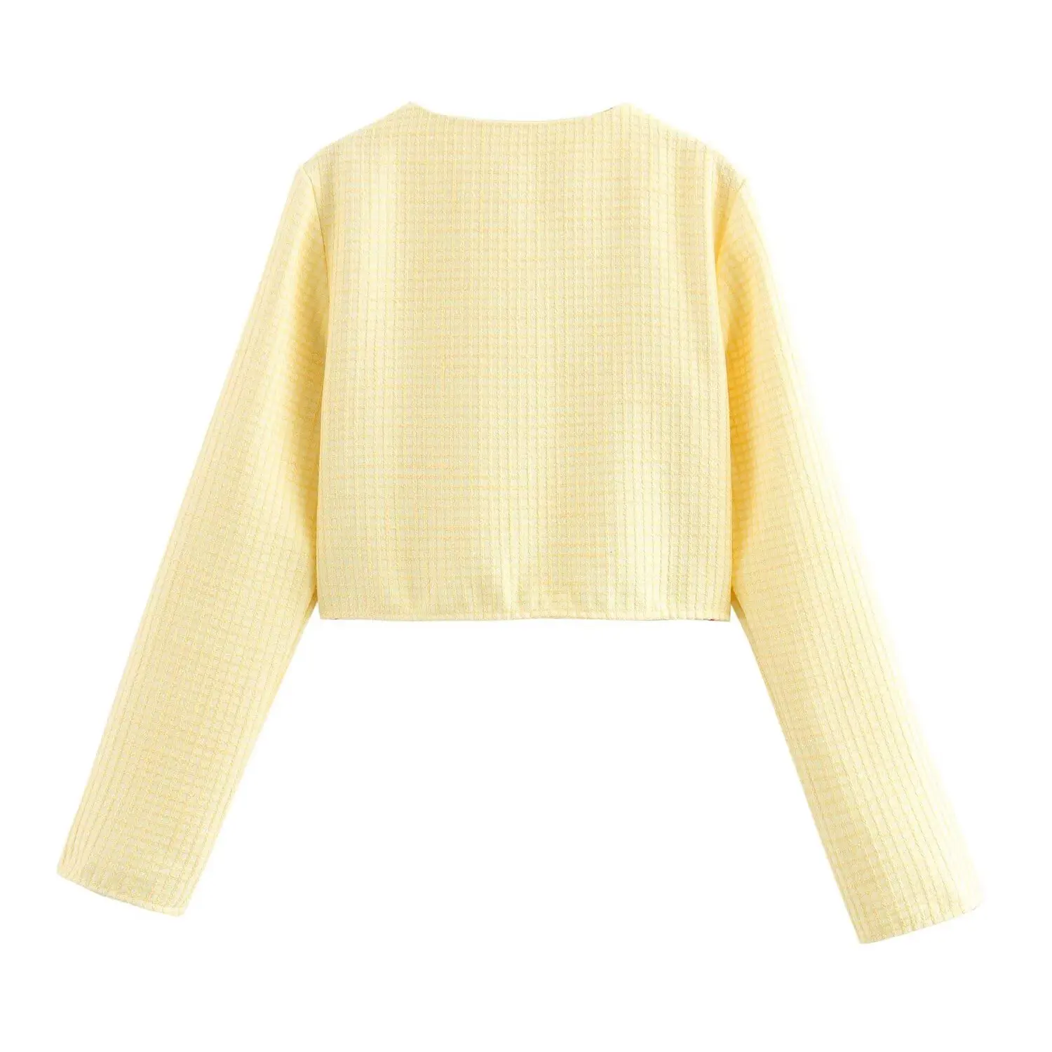 Abrigo de tweed a cuadros amarillo con cuello redondo para otoño, chaqueta corta vintage con bolsillos delanteros y botones dorados para mujer, chaqueta elegante