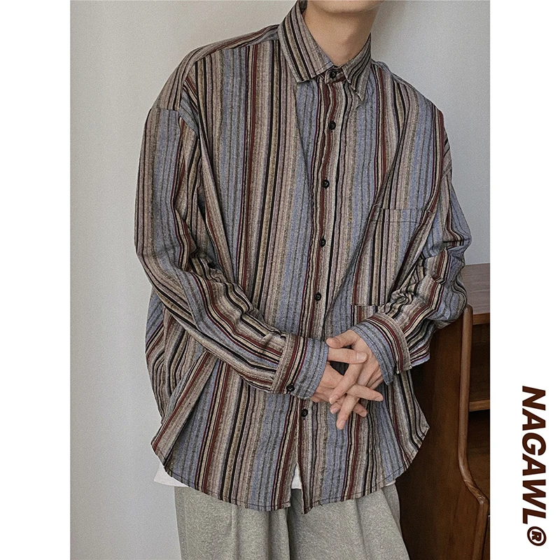 Vintage Vertical Striped Long Sleeve Shirt  Men Oversized Unisex Blouses Summer Luxury 2023 Fashion Japanese Work Women Cardigan