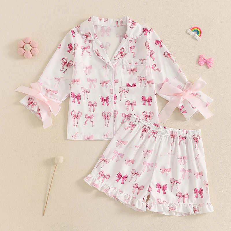 Description Picture 3 of itemSummer Toddler Baby Girl Sleepwear Casual Pajamas Set Infant Bow Print Long Sleeve Button Down Shirts Ruffled Shorts Homwear