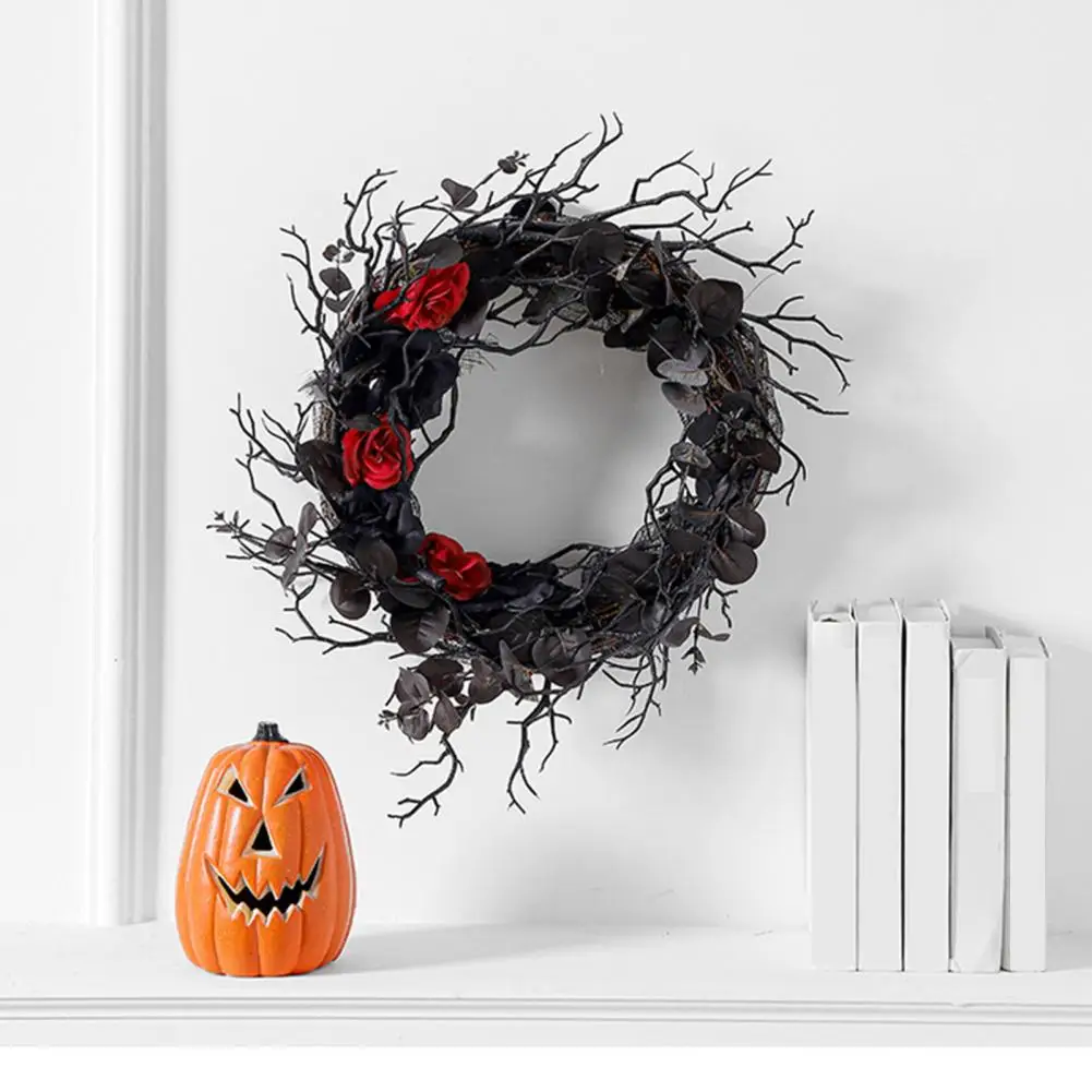 

Black Rose Wreath Spooky Halloween Dead Branch Garland Realistic Simulation Flower Black Decorative Wreath for Door Hanging Wall