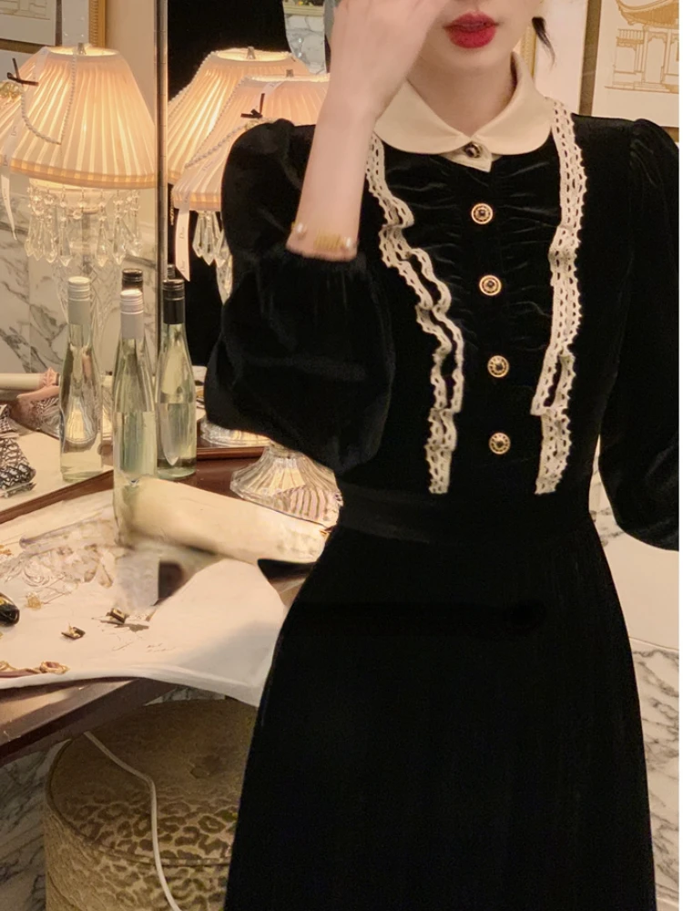 French Vintage Lace Midi Dress Elegant Autumn Slim LongSleeve Black  VelvetDress | eBay
