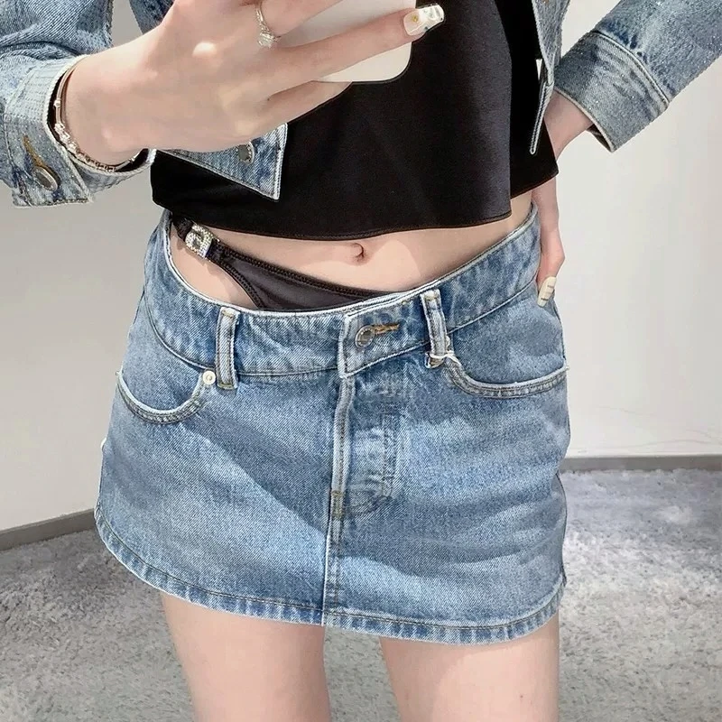 a Letter Luxury Brand Design Fake Two Pieces Denim Short  Mini Skirt For Women Sexy Fashion Y2k Wang Minifalda Dress Clothes 2