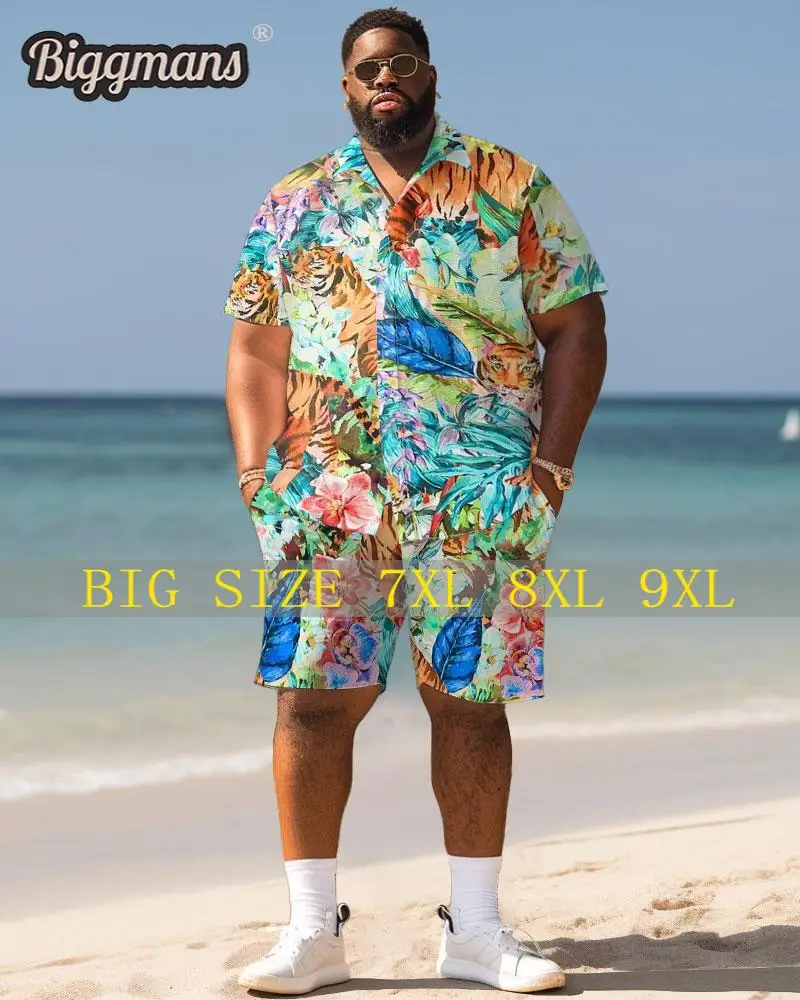 Biggmans Shirt Plus Size Set L-9Xl for Summer Beach Clothing Oversize Hawaii Suit Hawaiian Colorful Block Print Shirt Shorts 7XL