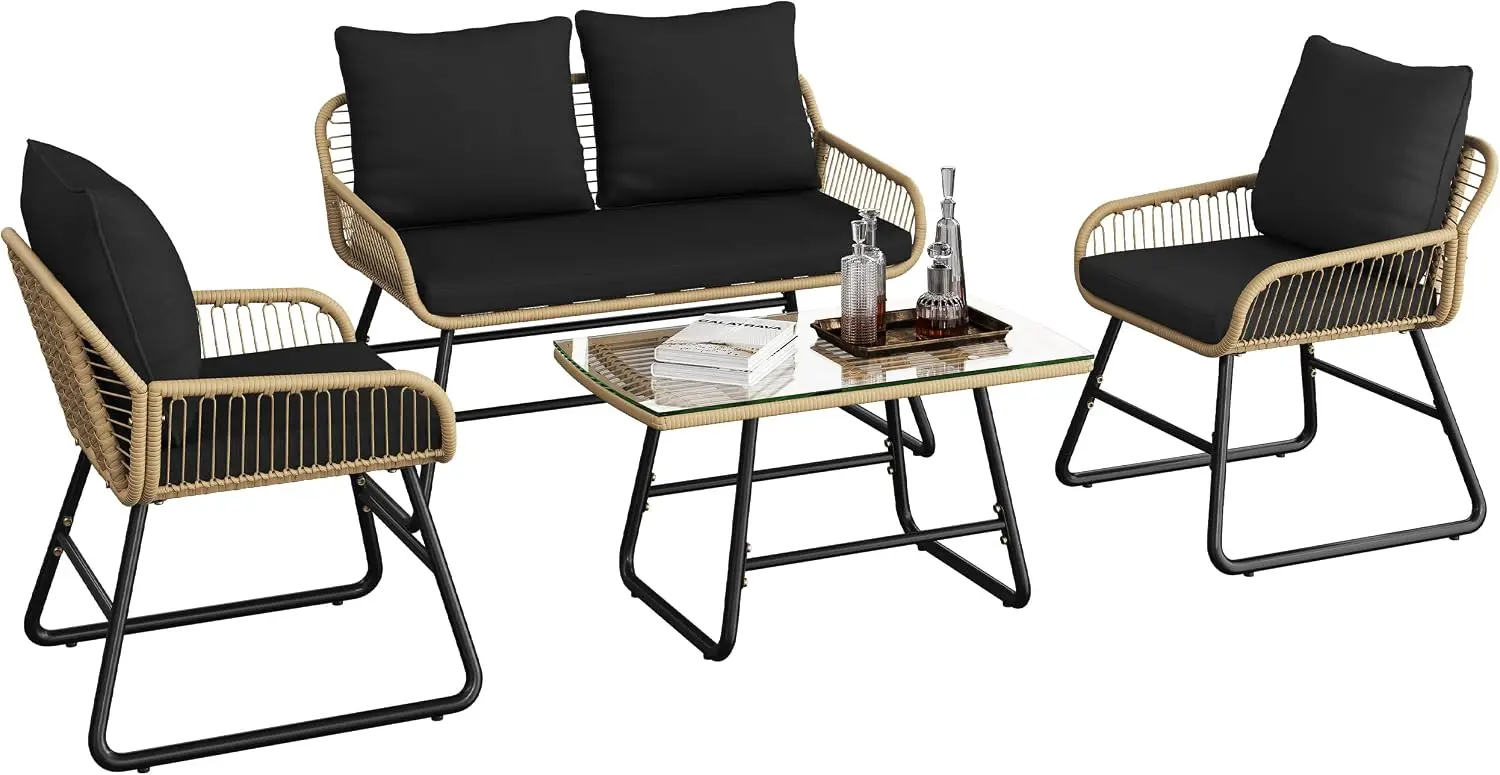 Nordic Boho Woven Rattan 4-Piece set in daytime backyard patio setting