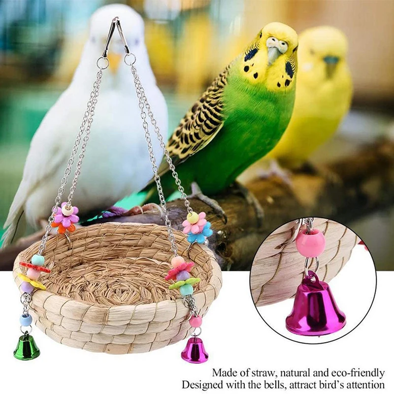 Bird Parrot Toy Parrot Nest Natural Handmade Woven Grass Bed Swing With 4 Metal Bells Bird Toy Swing
