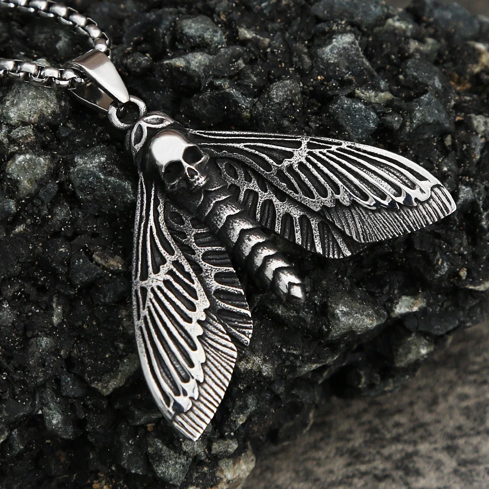 Vintage Gothic Style Death Moth Necklace Unisex Punk Stainless Steel Butterfly Skull Pendant Animal Jewelry Gift Dropshipping 3