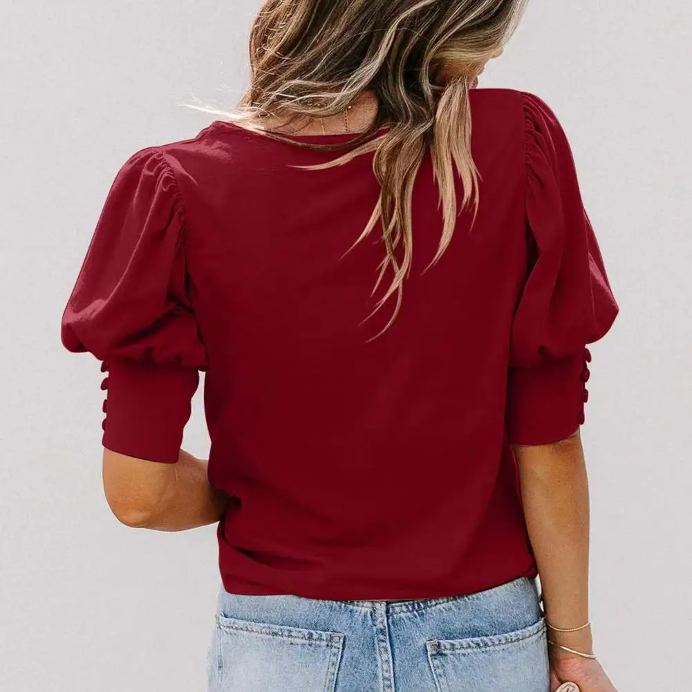 

Women Fall T-shirt Stylish Women's Summer Top with Lantern Sleeves Round Neck Soft Breathable Solid Color T-shirt for Office