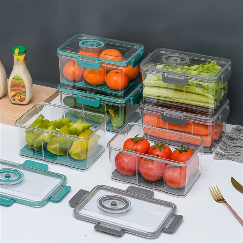 Vacuum Food Storage Container Transparent Fridge Organizer With Drain Net Capacity Food Dispenser For Kitchen-Y78A