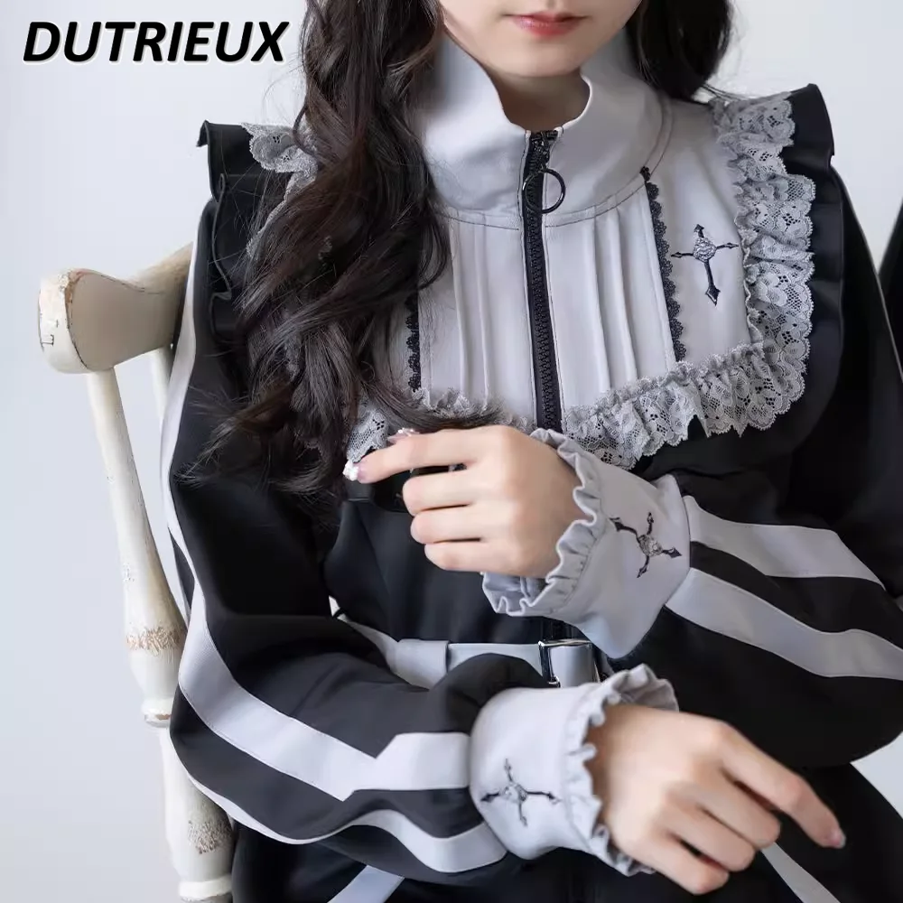 Spring Autumn New Mine Collar Mid-Length Coat Japanese Style Sweet and Cute Zipper Fungus Colorblock Long Sleeve Belt Jacket