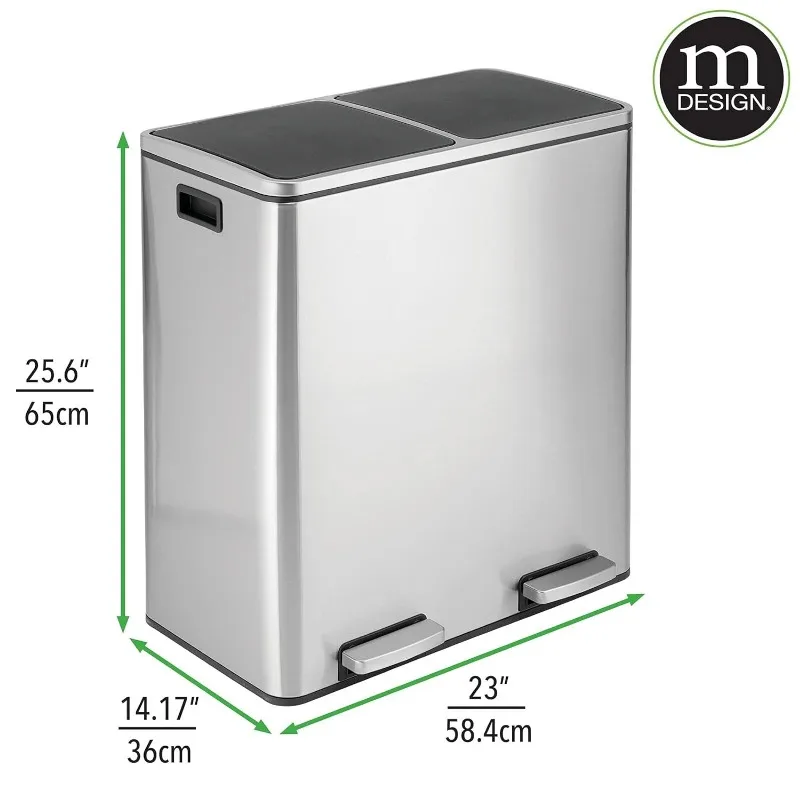 mDesign Metal Steel 16 Gallon/60-Liter, Dual Compartment Step Trash Can; Double Bin Trash Can/Recycler Combo for Kitchen 4
