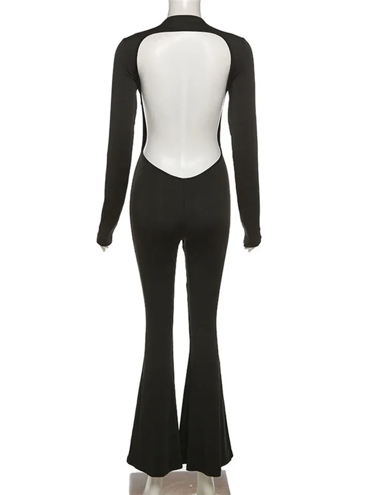 New Fashion Backless For Women Black Jumpsuit Long Sleeve Slim Casual Fashion Rompers High Street Female Solid Bodycon Jumpsuit