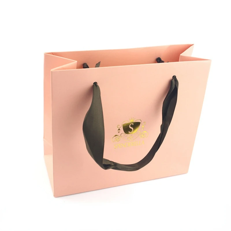 

Pink pouch with gold silver stamping black ribbon handle fast shipping paper bag