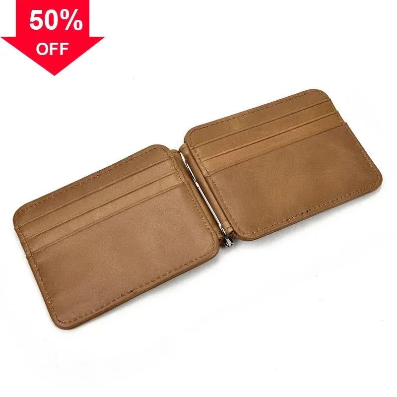 Small Men's Leather Money Clip Wallet With Coin Pocket Card Slot Cash Holder Male Bag Magnet Hasp Purse For Man Women