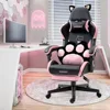 Cute Gaming Chair with Cat Paw Lumbar Cushion and Cat Ears, Ergonomic Computer Chair with Footrest, Reclining PC Game Chair for 1