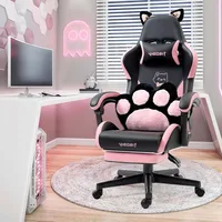 Cute Gaming Chair with Cat Paw Lumbar Cushion and Cat Ears, Ergonomic Computer Chair with Footrest, Reclining PC Game Chair for 1