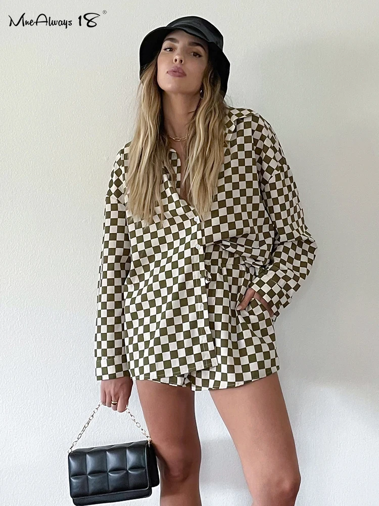 Mnealways18 Fashion Plaid Shorts Two Piece Sets Womens Casual Outfits