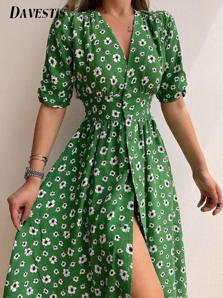 

Casual Floral Dress for Women's 2023 Spring Summer Deep V-neck Waist Slimming Short Sleeve Slit Midi Dress Women's Fashion Dress