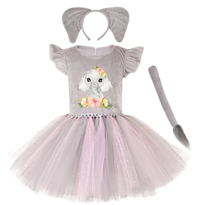 

Gray Animal Elephant Dress For Girls Cosplay Costume With Tail Headband Summer Halloween Birthday Party Christmas Gifts 2-10T